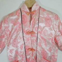 Vintage Kimono Boho Satin Brocade Robe Pink Frog Closure Vietnam Medium
