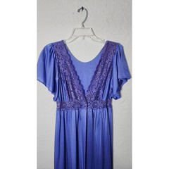 Vintage Lace Trim Nightgown Robe Periwinkle Blue Flutter Sleeve Maxi 70s Style