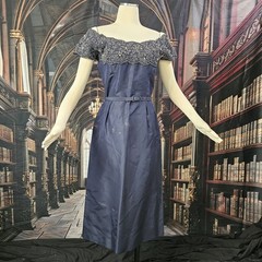 Vintage 1960’s Dress Off Shoulder Heavily Beaded Chest Navy Blue as is
