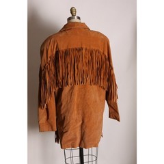 1980s Tan Brown Leather Long Sleeve Fringe Western Coat by Frontier Collection