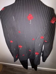 Womens Black Pinstripe Pantsuit with Red Embroidered Roses 2-Piece Blazer & Pant