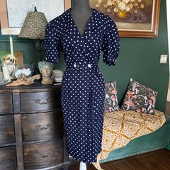 Vintage Ronni Nicole Petite Vintage Polka Dot Dress Navy Blue White Cotton 12P