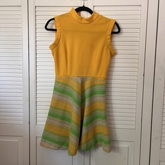 60s Jonathan Logan Petite S Knit Dress Color Block Yellow Green Stripes 70s 80s