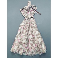 True Vintage 1950’s Sleeveless One Shoulder Pink Leaf-Print Maxi Dress w/ Belt