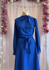 Vintage 70s 80s Blue Secretary Knee Length Dress Blouson Retro Long Sleeves M/L