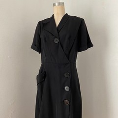 Vintage 1940s Black Asymmetrical Dress Pocket Rayon Medium Large 32 in Waist