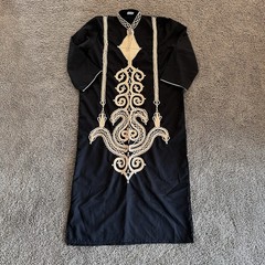 Vintage Egyptian Galabeya Kaftan Long Robe, Men’s size XL, Embroidered Black
