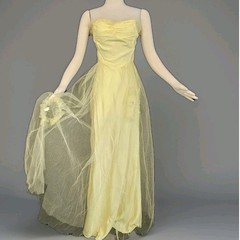 Vintage 1940s Dress Maxi 1950s Yellow Tulle Overlay Ruffle Formal Gown Hollywood