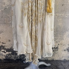 Antique 1920s Dress White Silk Chiffon Yellow Floral Beading Ribbon Gown Vintage