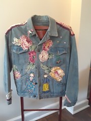 80s BoHo Embellished Jean Jacket Flowers Figures Trinkets Lace by Lilla