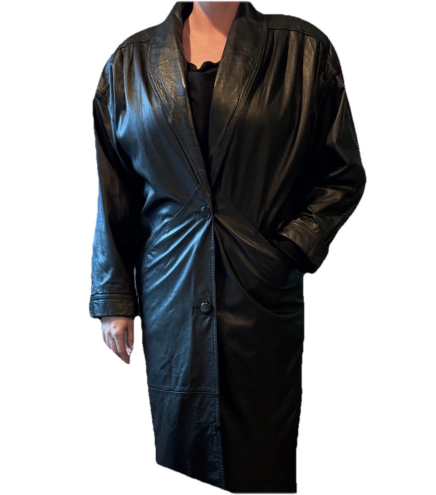 Jacqueline Ferrar Vintage Medium Trench Coat 1980s-90s Black Genuine Leather