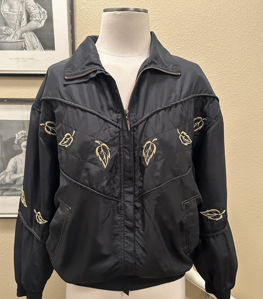 Vintage Retro Fuda L 100% Silk Black Bomber Jacket W Gold Embroidered Leaves