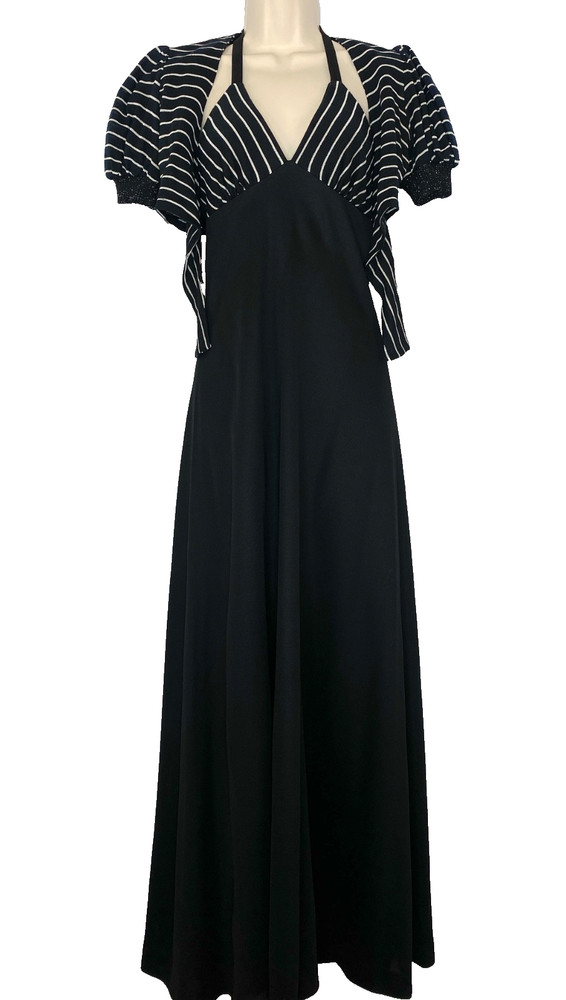 Vintage 1970s black maxi dress set YOUNG EDWARDIAN ARPEJA halter bolero stripe