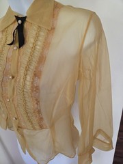 VTG 50’s Sheer Nylon Blouse Gold Ruffle Pleat Lace w/Point Collar Pearl Buttons