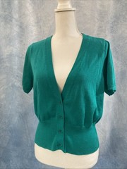 Vintage 1990s Women’s Bright Teal Knit Cardigan Worthington XL Short Sleeves