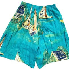 Nino Wong Women’s Tropical Sailboat Elastic Waist Rayon Shorts Vintage L