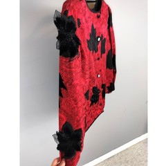 Vintage Anne Crimmins 100% Silk 3D Floral Blouse Red Black Button Back Womens 10