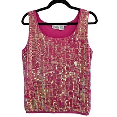 Vintage Y2k Pink Silk Knit Sequined Sleeveless Top, Silk Fairy Top, Mermaid XL