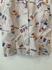 1940s 50s Sailboat Novelty Print Sailcloth Cotton Sportswear Blouse Fitted M/L