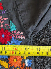 Vintage 70s Intricate Hand Embroidered Mexico Tourist Dress Peacock Sz M/L Black