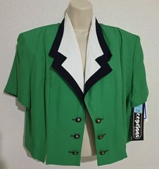 Open Blazer Jacket Crop Short Sleeve Green/ Navy Perceptions Vintage Size 16