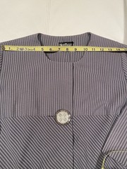 40s-50s GREY STRIPED SEERSUCKER FITTED DAY DRESS W LUCITE GOLD FLECK BUTTON M- L