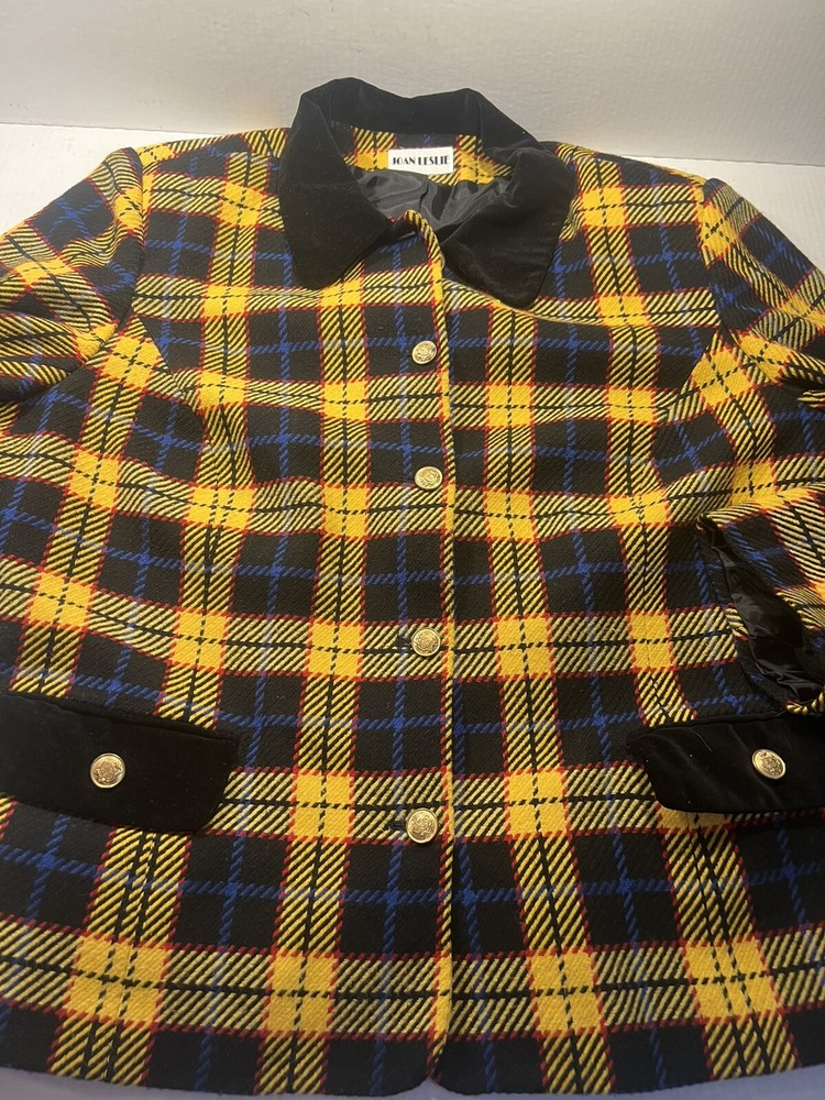 VTG Y2K Plaid Jacket Blazer Womens XL Wool Blend Yellow/blue/black, Joan Leslie