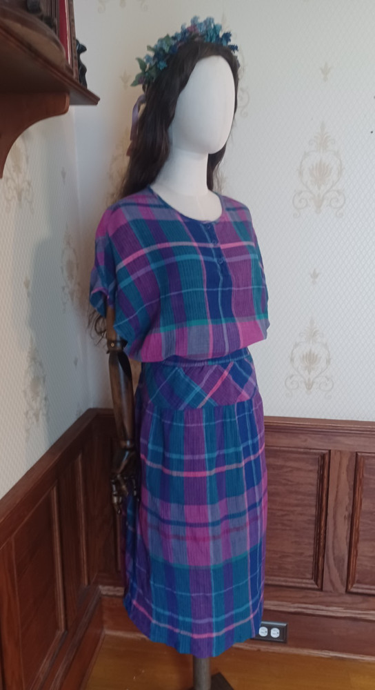 Vintage 1980s Ms. Blake Cotton Preppy Cottagecore Jewel Tone Plaid Skirt Suit