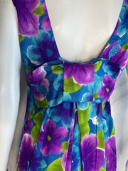 Vtg 70s Hawaiian Barkcloth Pomare Hibiscus High Waist Back Bow Maxi Dress 12