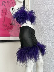 Vintage 1980s Maribou Feather lingerie set bra skirt garter purple black Jorjee
