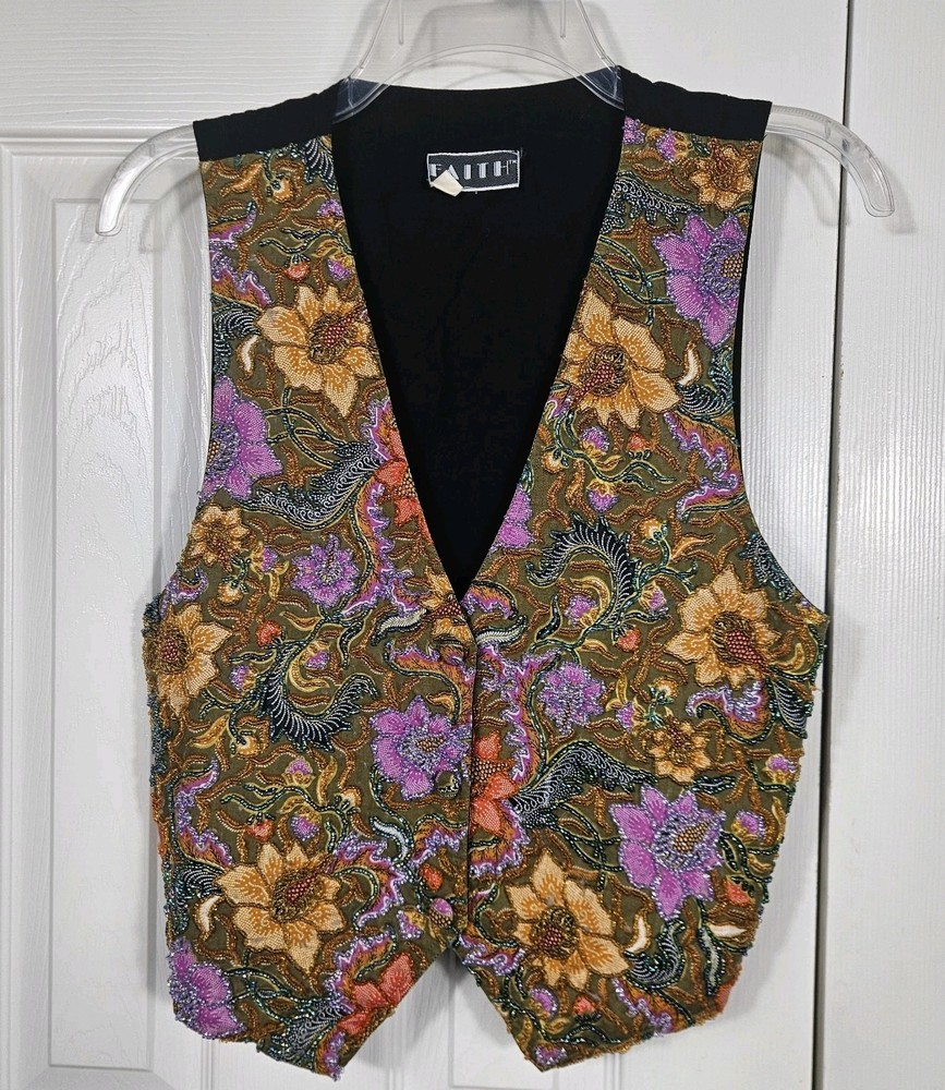 Boho Cottagecore Vtg 90s Floral Beaded Vest S Waistcoat Art To Wear Psychedelic