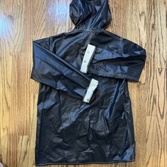 VTG 70s Items International Vinyl Raincoat S Hood Mod Black Slicker Jacket Snaps