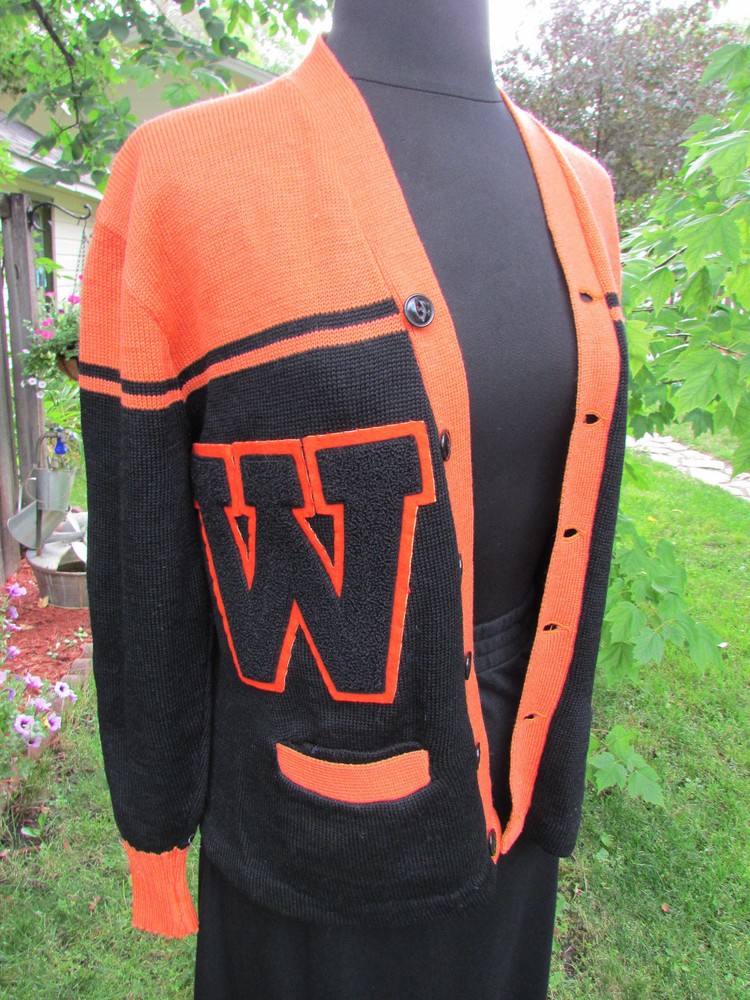 50’s Wool Letterman Sweater Black and Orange with “W” Letter – “Pauker” Tag