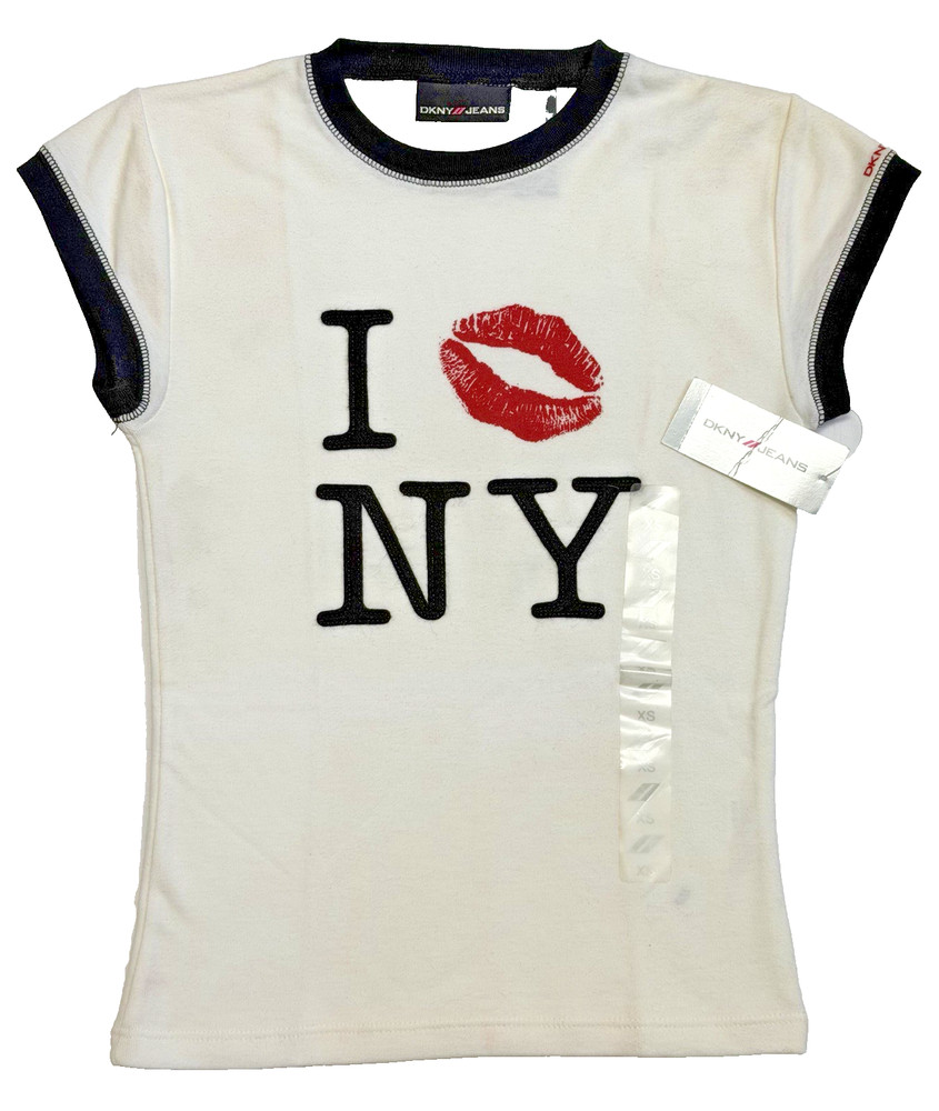Vtg Y2K DKNY JEANS Graphic Baby Tee XS White Prep School Punk Cap Sleeve Ringer