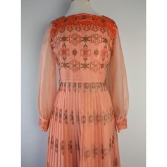 Vintage 1970’s Alfred Shaheen Peachy Pink / Orange Puff Sleeve Maxi Dress