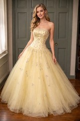 Vintage 1970s -80s Alyce Designs Strapless Beaded Yellow Tulle Prom Gown 10