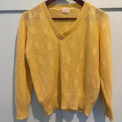Vtg DiFini Butter Yellow Open Knit Sweater V Neck Pointelle Medium Coastal USA