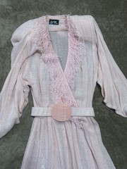 VTG SMALL SYBIL Pink Knit Fringe Diaphanous Transparent Peignoir Dress Glamour