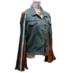 Vintage altar’d state Blue Jean Jacket Crocheted Trumpet Sleeves Boho Large A3