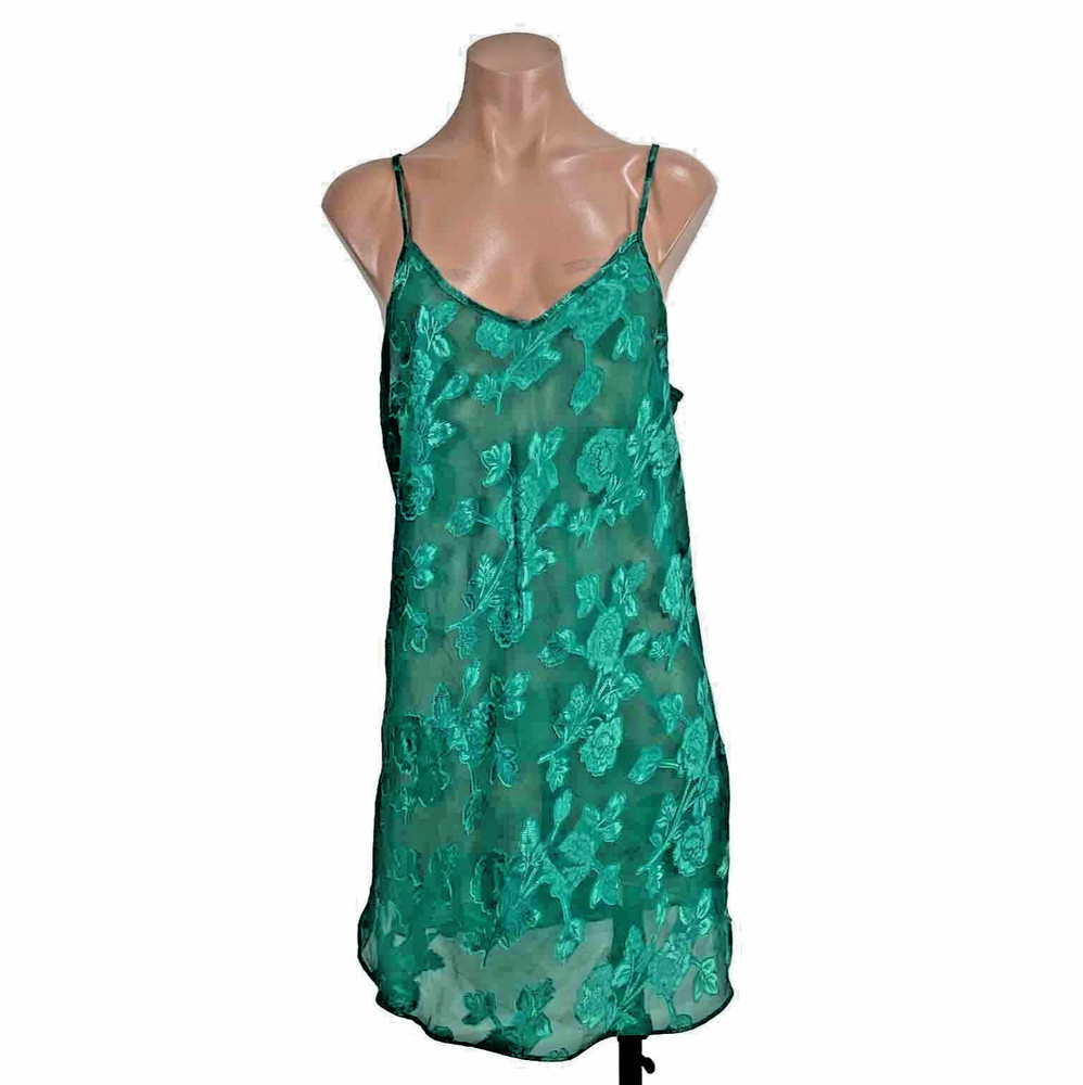 California Dynasty Green Embroidered Negligee Vintage Sexy Satin Gown Sz L Jade