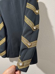Vtg 80s Military Style Jacket Black Gold Brocade Baroque 6 Chunky Clear Buttons