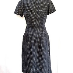 Vintage 50s / 60s Mad Men Navy Blue Polka Dot Dress, Size M