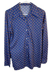 Vintage 1970s Blue Print Long Collar Button Up Shirt Women’s 12 Polyester