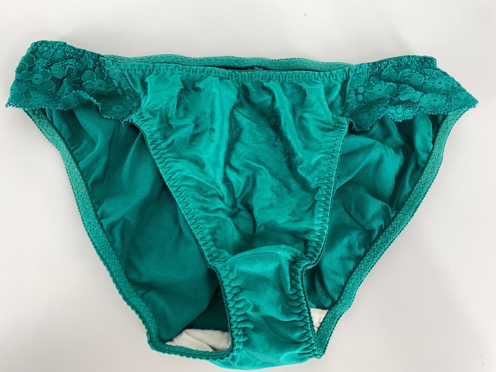 Vintage LIQUID Wet-Look Foil SATIN Green Lace Second Skin Bikini PANTY M/6
