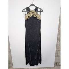 Vintage 90s Scott McClintock Black Crushed Velvet Halter Gown Guipure Lace 14