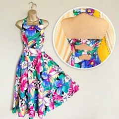 VTG 80s Tropical Floral Rockabilly Pinup Swing Halter Sun Dress Sz 8 Resortwear