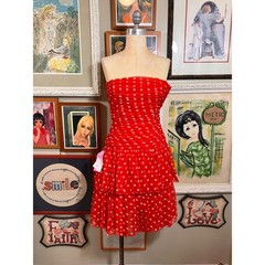 Vintage 1980s Frank Usher England Red Polka Dot Strapless Dress Ruffle Prom Gown