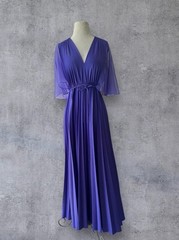 Vtg 70s Purple Accordion Pleat Maxi Dress Sz M/ L Chiffon Sleeves EUC
