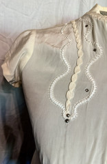 Vintage Silky White Blouse faux diamond /bead sequence collar dainty Size SMALL