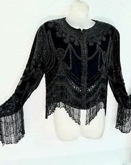 VINTAGE*BLACK BEADED/SEQUIN~FRINGE~ZIPPERED~FORMAL~DRAG~ PROM JACKET~SZ MED/LRG